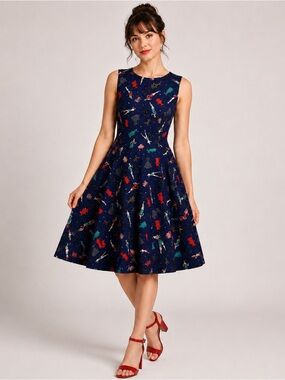 MuteLamb Pin Up Print Fit & Flare Dress Small Navy Cotton Retro Rockabilly
